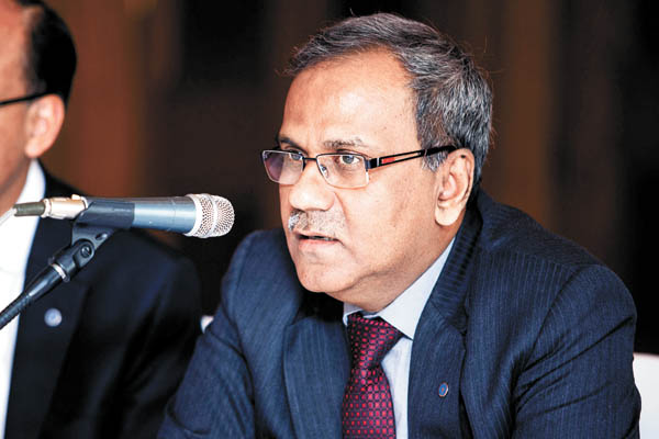 B. Sriram, managing director at SBI, speaks at a press conference at the Millennium Hilton hotel in central Seoul on Wednesday. [SBI] 