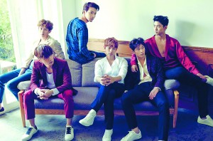 All-male act 2PM and the front cover of their latest regular album, “No. 5,” unveiled in June. Provided by JYP Entertainment