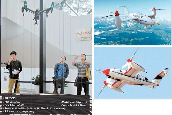 Left: Customers at the DJI’s world’s first drone flagship store in Shenzhen, China. Right: Tiltrotor drone “KUS-VT” can make vertical takeoffs and landings like helicopters, top, and fly like an airplanes by turning its wings. [KWAK JAE-MIN, KOREAN AIR] 