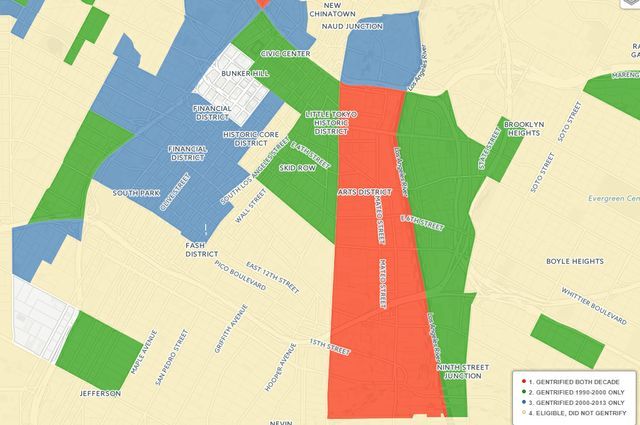 Koreatown is marked red, which means that those areas began gentrifying from 1990.