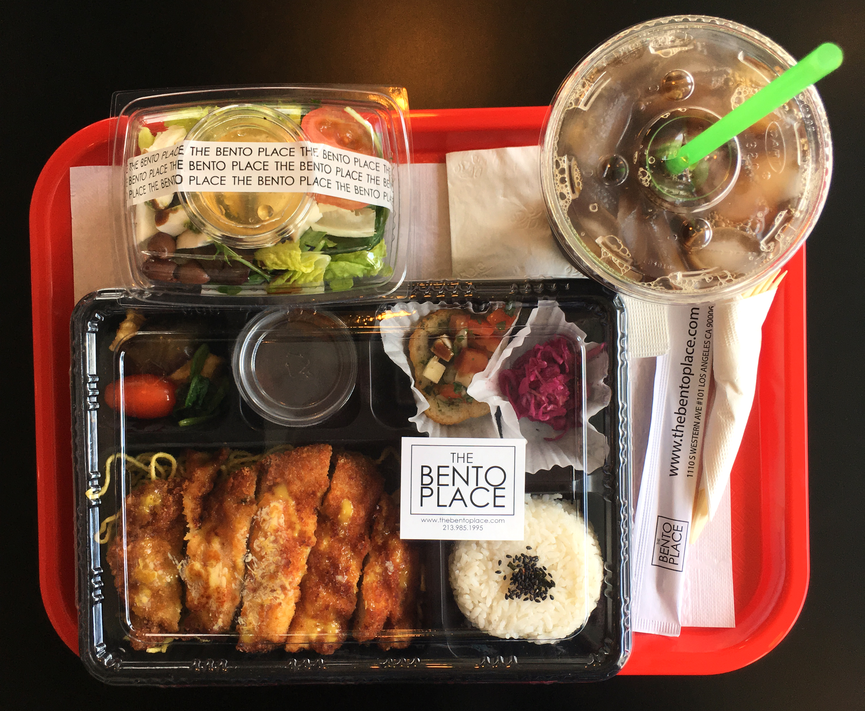 Tonkatsu Bento, Tomato and Mozzarella Salad, and Super Iced Coffee