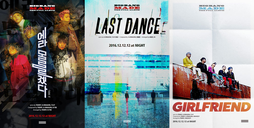 Teaser images for new tracks, "FXXK IT," "LAST DANCE," and "GIRLFRIEND" [Image in courtesy of YG Entertainment].