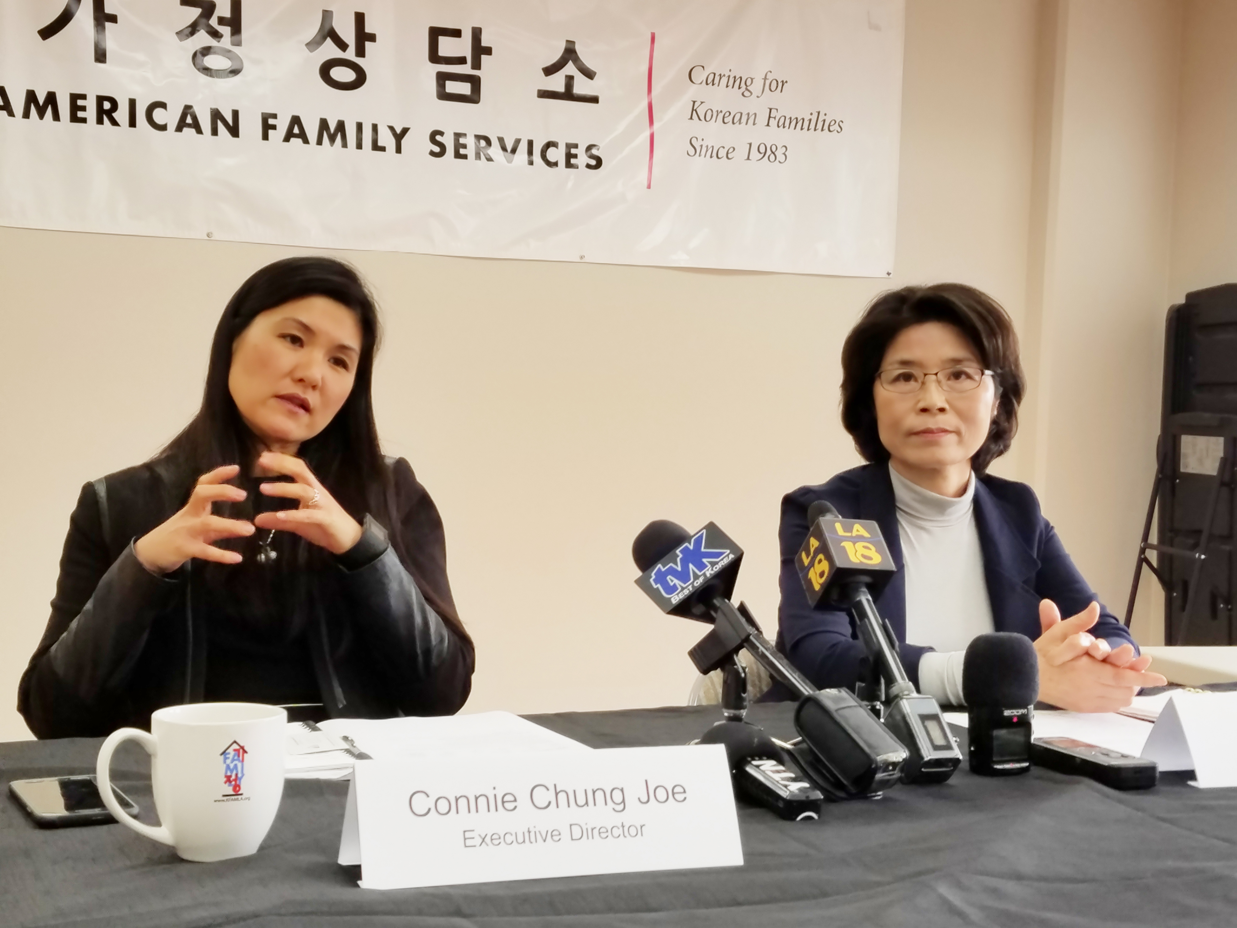 KFAM executive Connie Chung (left) and director Sylvia Kwon (right) are explaining the social need for ROCK, free counseling service for undocumented and low-income families.