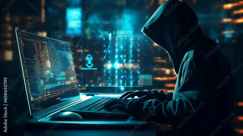 Hacker on a PC in Cyberspace hacking the Matrix - Generative AI