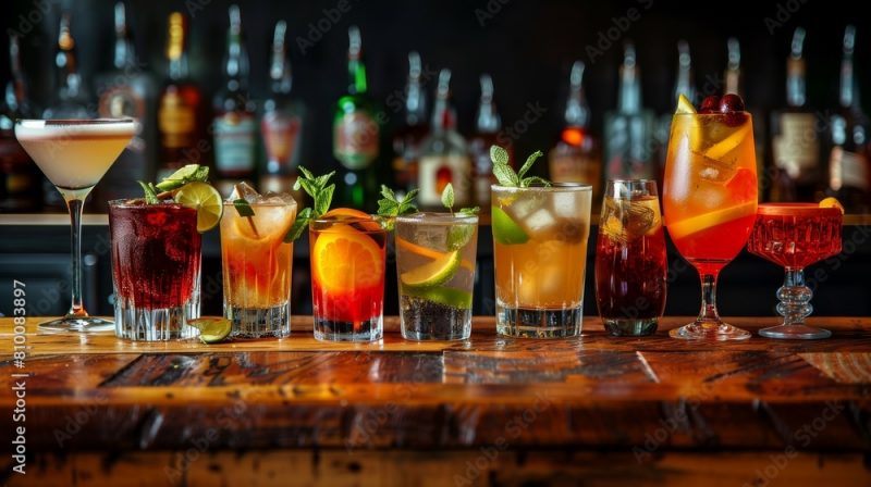 A row of glasses with various drinks on a wooden bar counter