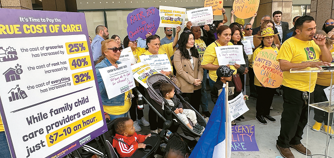 Childcare workers protest in front of California state building in LA, demanding budget increases and wage hikes amid Newsom budget cuts.
