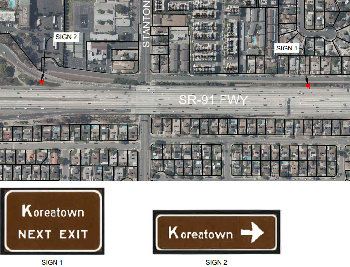 Koreatown freeway sign location at westbound Beach Boulevard exit on 91 Freeway