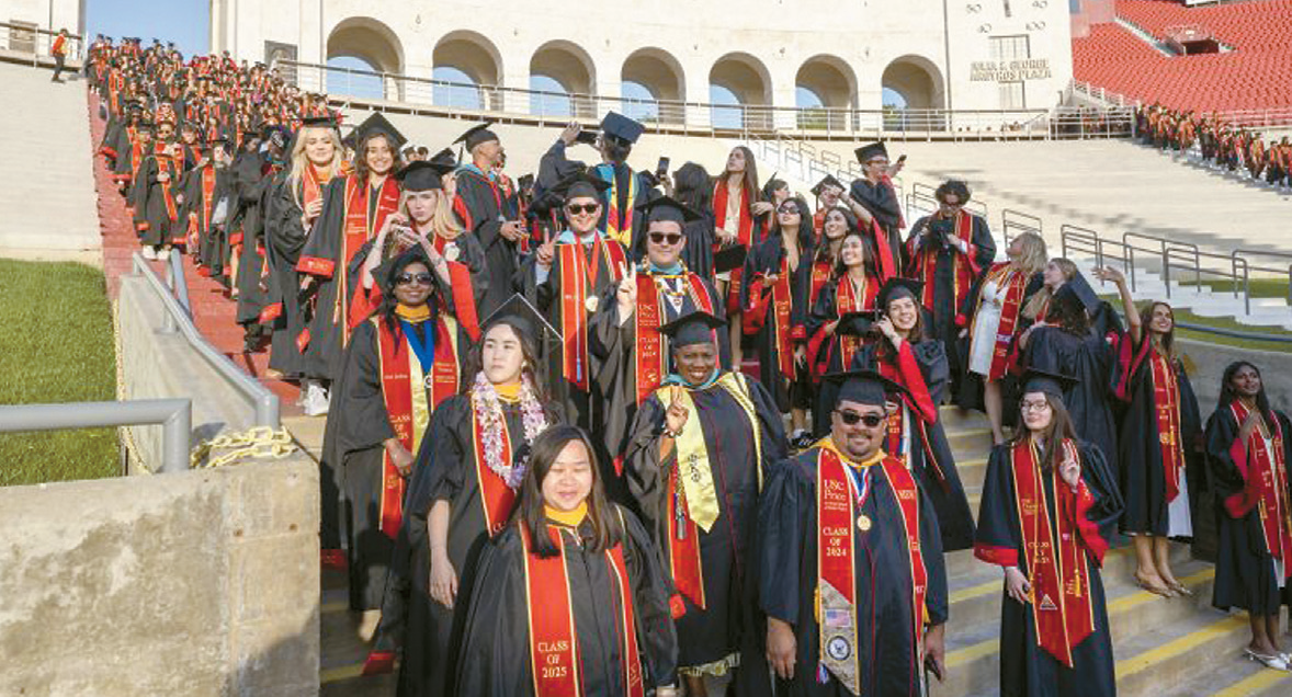 USC graduation ceremony 2025 at LA Memorial Coliseum with graduates in caps and gowns related to college majors income gap