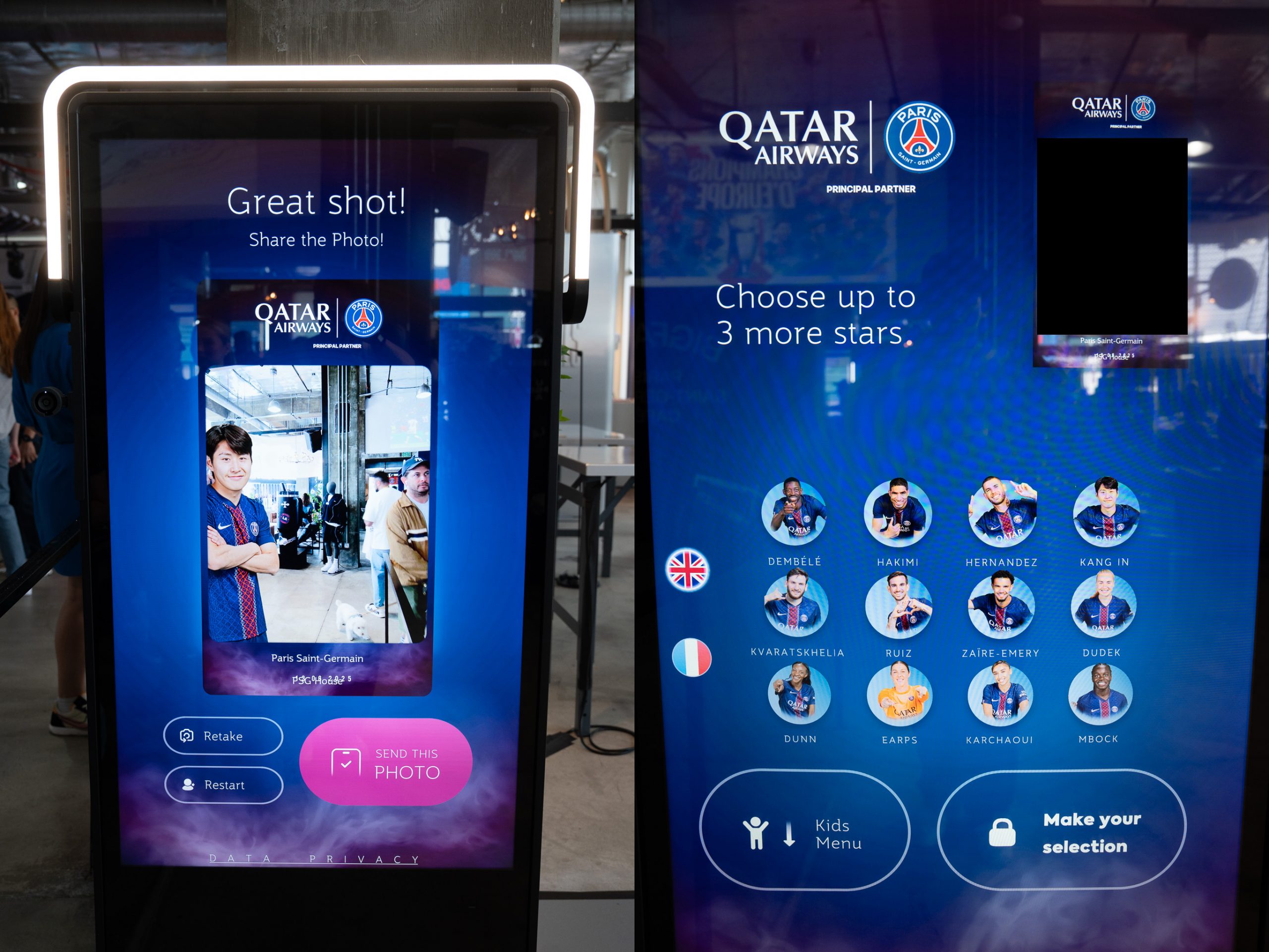 AR photo booth at PSG House LA with Lee Kang-In example and player selection screen