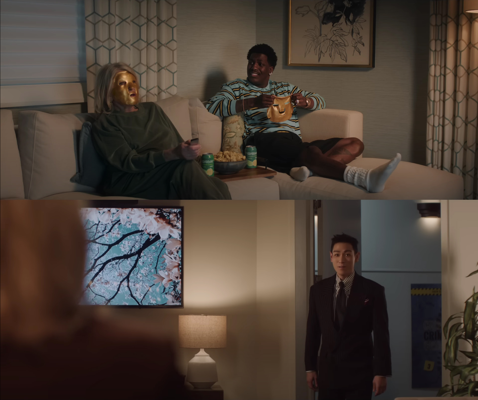 Netflix K-era campaign scenes with snail mask on Stewart and Yachty, and T.O.P entering the room