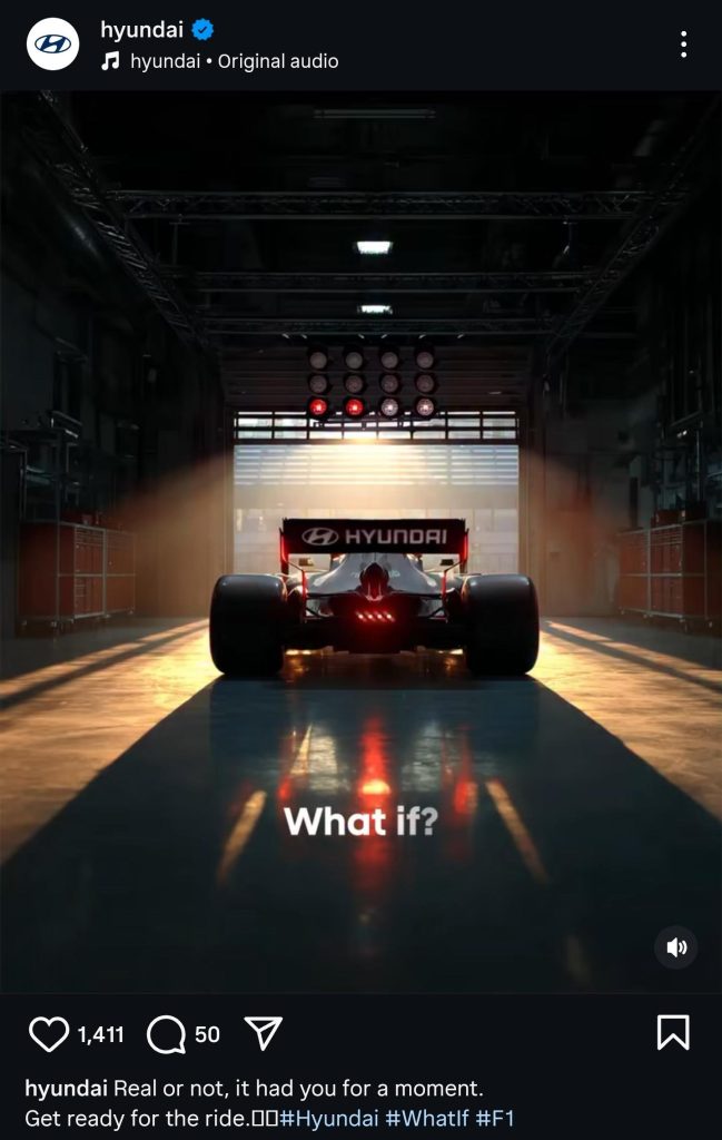 Screenshot of Hyundai’s deleted #HyundaiF1 Instagram teaser reposted by NZ Autocar