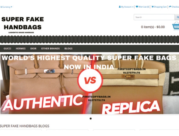 superfakehandbags.net homepage displaying counterfeit luxury handbags