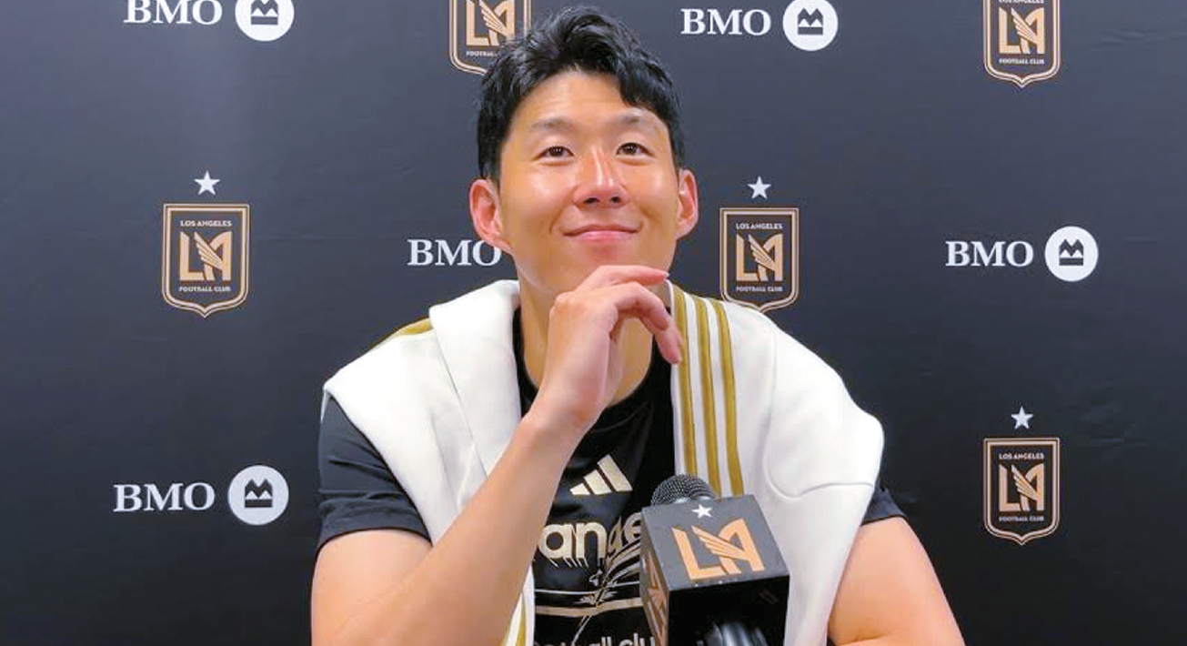 Son Heung-min listens to a reporter’s question during a post-match press conference after his MLS debut for LAFC.