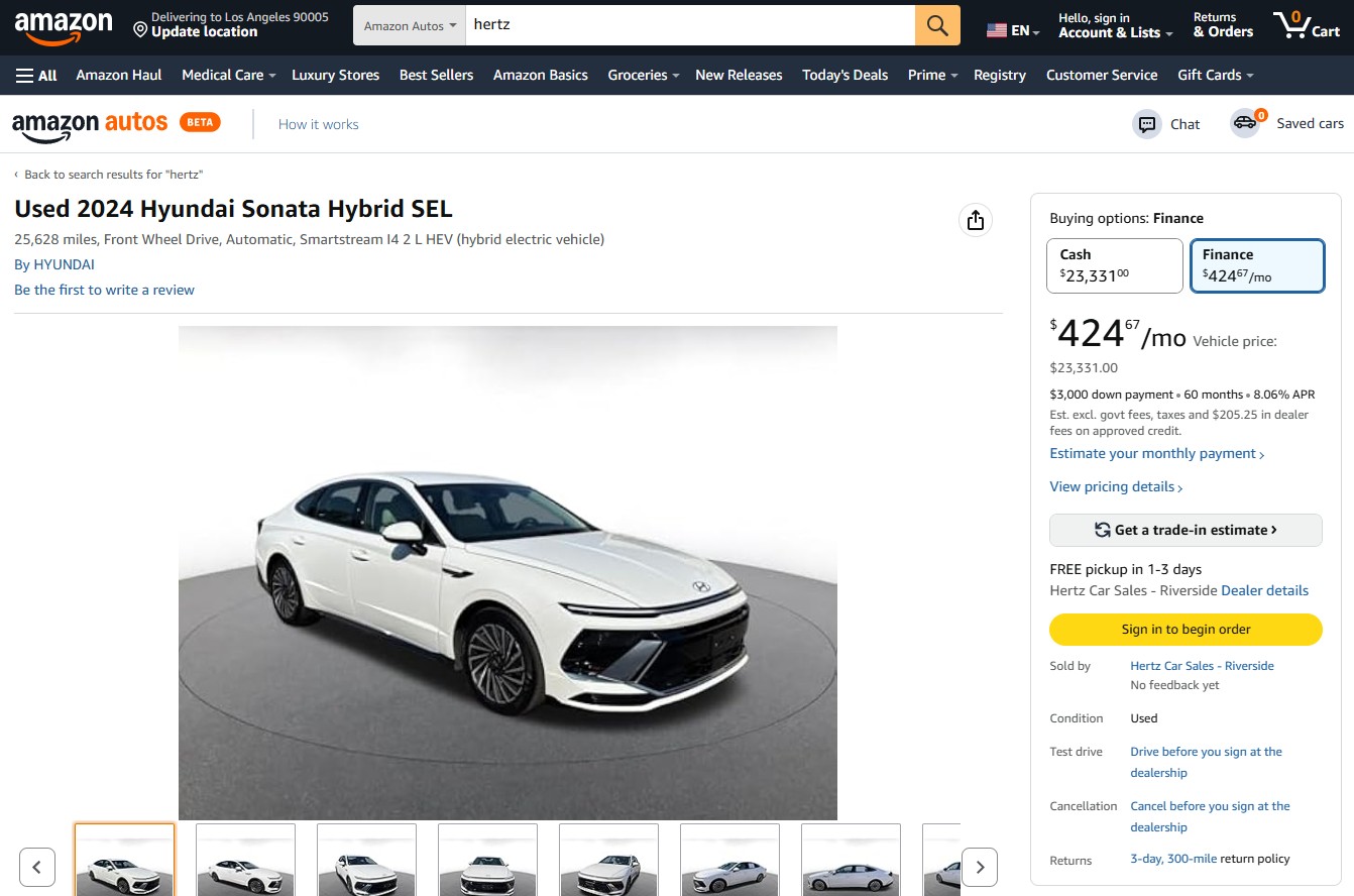 Amazon Autos is selling pre-owned Hertz vehicles