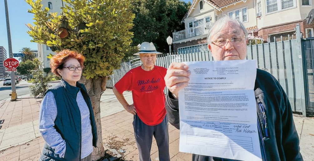 Koreatown homeowner Howard Lim shows the $5,835 Koreatown tree trimming fine notice with neighbors beside the disputed street tree in Los Angeles.