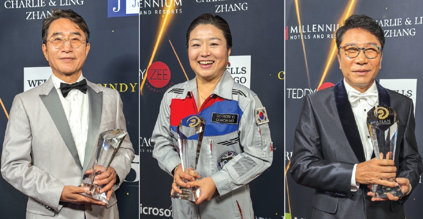 Korea’s first astronaut So-yeon Yi, SM Entertainment founder Soo-man Lee, and H Mart chairman Il-yeon Kwon honored at the 2025 Asian Hall of Fame ceremony in LA