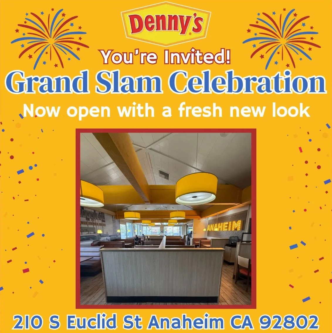 Anaheim Denny’s reopening poster promoting the $1.99 Original Grand Slam deal