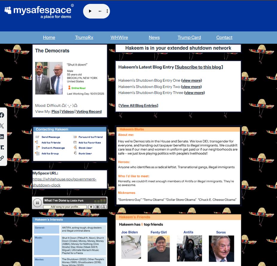 White House MySafeSpace parody website showing Hakeem Jeffries profile with memes, fake friends list, and Linkin Park soundtrack