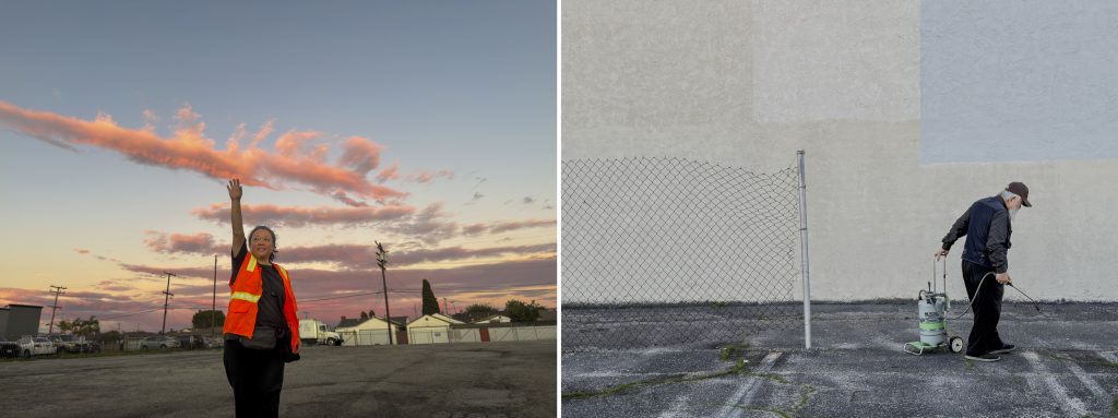 Judy Kim greeting moviegoers at Gardena Cinema parking lot entrance