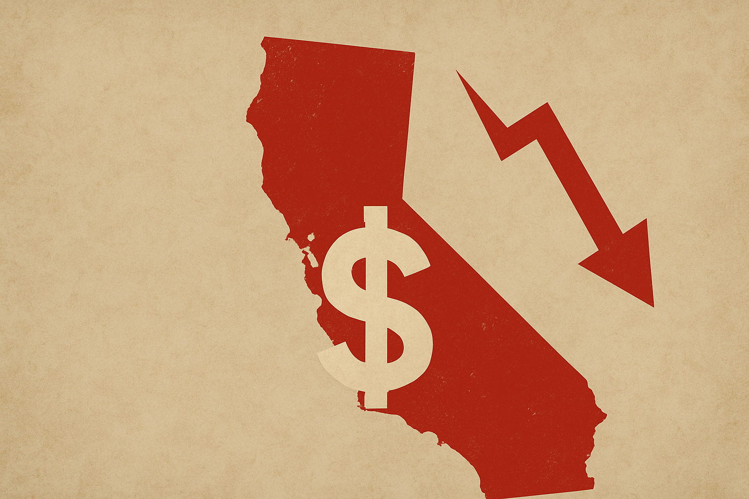 California budget deficit graphic showing a red California map, dollar symbol, and downward trend arrow illustrating the state’s fiscal crisis.