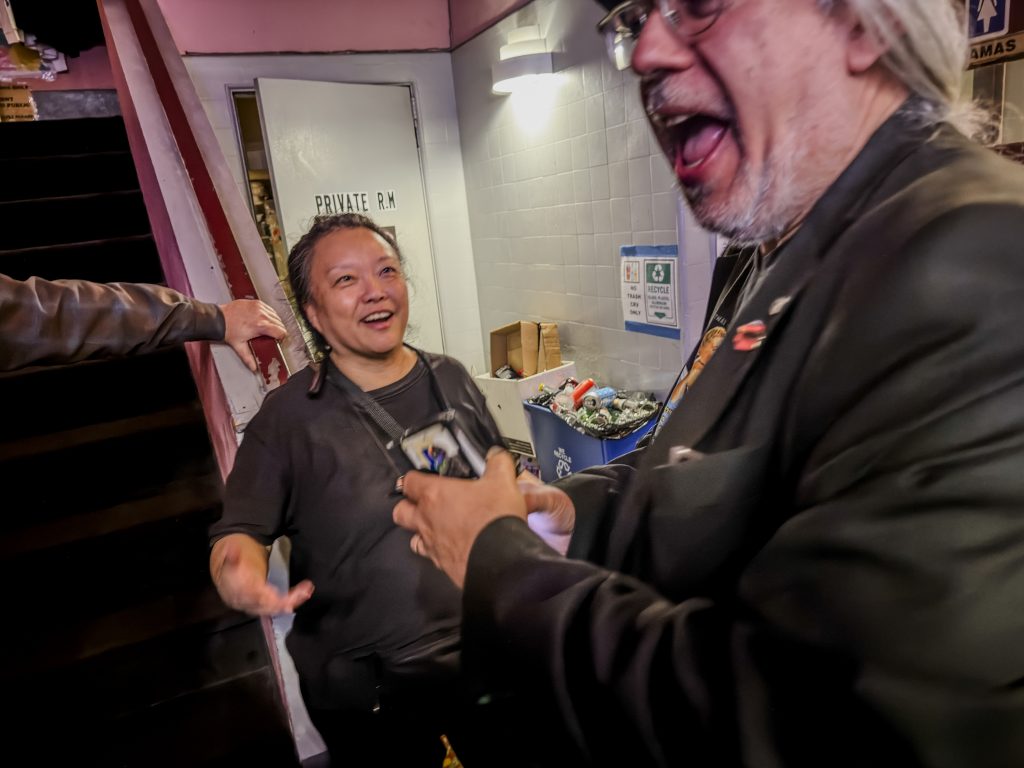 Judy Kim greeting longtime acquaintance at Gardena Cinema Nancy Kim Day