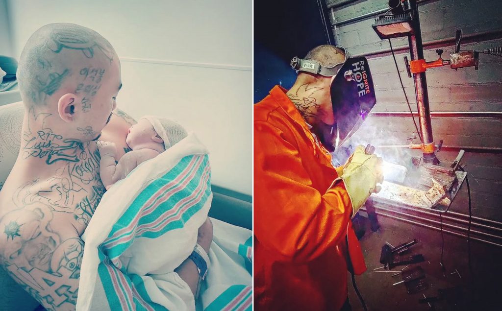K.Y. with his newborn son and working as a welder in Los Angeles